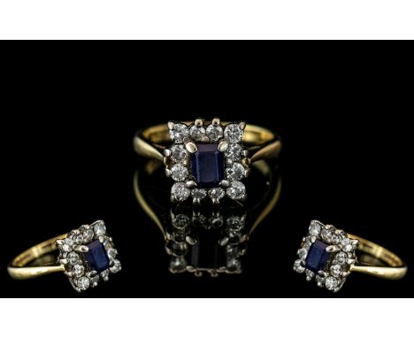 Ladies - 18ct Gold Attractive Sapphire and Diamond Set Ring of Square Form. Hallmark Birmingham 1953. Diamonds of Good Colour