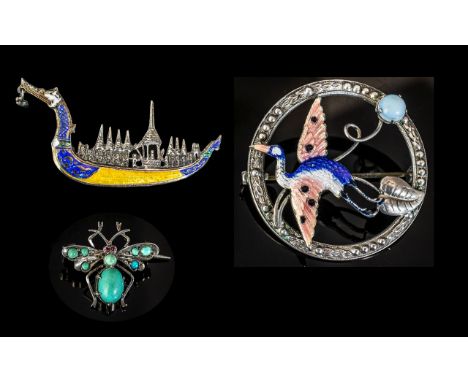 A Fine Trio of Antique and Vintage Brooches. Comprises 2 Sterling Silver and Enamel Brooches ( Exquisite ) of Excellent Quali