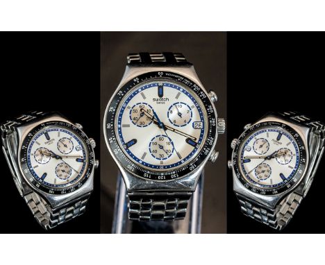 Swatch - Swiss Made Irony Stainless Steel Gents Chronograph Wrist Watch, 4 Jewels. Features Multi - Dials, Date / Display Win