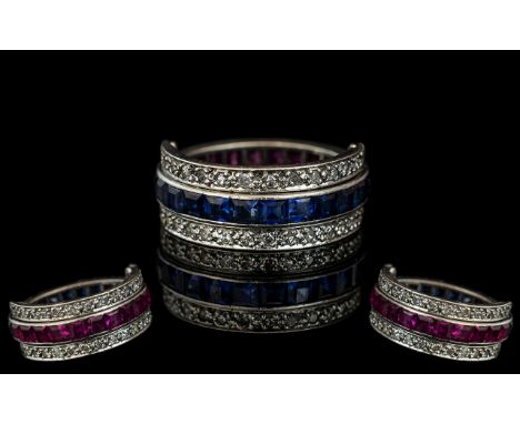 Ladies 18ct White Gold Flipover Two Section Diamond/Sapphire/Ruby Ring, converts to diamond/sapphire or ruby/diamond ring.  H