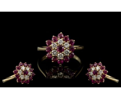 Ladies 9ct Gold Attractive Ruby &amp; Diamond Set Ring, flower head setting.  Full hallmark for 9.375.  Diamonds and rubies o