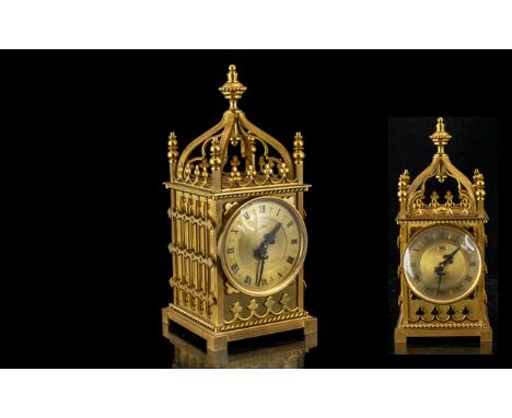 A Swiss Gilt Brass Imhof Mantel Clock of Architectural Form, Gilt Dial With Roman Numerals, Manual Wind, Stop Starter. Height