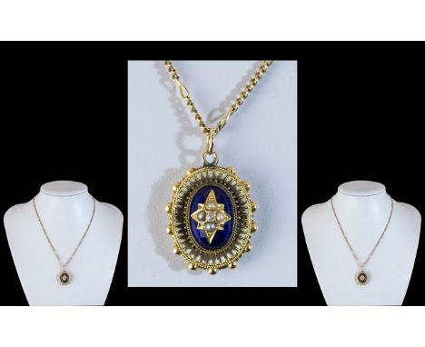 Antique Period - Superb and Pleasing Designed 18ct Gold Blue Enamel and Seed Pearl Set Pendant, Attached to a 18ct Gold Chain