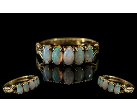 Antique Period - Attractive 18ct Gold 5 Stone Opal Set Ring. Well Matched Opals of Good Colour, Greens / Orange / Blue with F