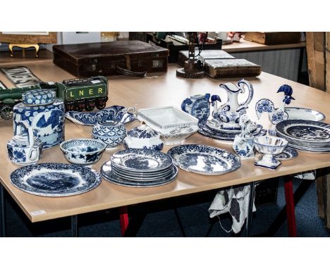 Quantity of Blue &amp; White Porcelain, including Willow pattern plates, Burslam bowl, various Portuguese plates, jugs and fi