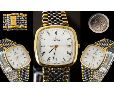 Omega - Deville Signed Gents 1970's Just-Date Gold Plated and Steel Wrist Watch, With Seconds Sweep, Quartz Movement, Signed 