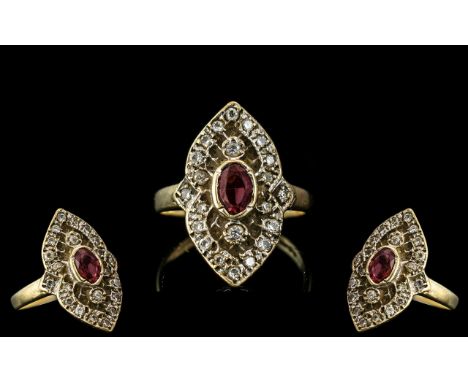 Antique Ladies - Attractive 9ct Gold Garnet and Diamond Set Dress Ring ( Marquise Shaped ) Full Hallmark to Shank, Diamonds o