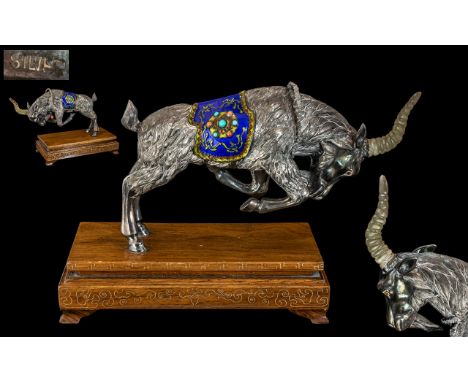 Antique Period - Excellent Quality Large and Impressive Silver and Enamel Horned Goat Figure. Raised on an Ornate Wooden Foot