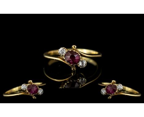 Antique Period - Attractive 18ct Gold Ruby and Diamond Set Dress Ring. Full Mark to Interior of Shank for 18ct. The Pave Set 