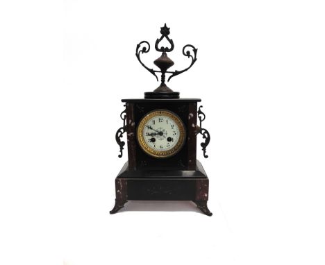 A 19TH CENTURY 8-DAY MANTLE CLOCK  in slate and marble case, the enamel dial with Roman numerals, 24cm wide 13cm deep 44cm hi