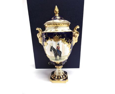 A LIMITED EDITION COALPORT LIDDED VASE  of urn shaped form with rams handles, to commemorate the 60th birthday of Queen Eliza