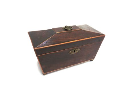 A MAHOGANY SARCOPHAGUS SHAPED TEA CADDY  early 19th century with mounted gilt brass fittings, 28cm x 13cm x 14cm