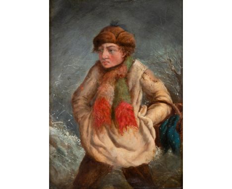 BRITISH SCHOOL (19TH CENTURY)  Portrait of a Youth in Winter,  oil on board, unsigned, 34.5cm x 24.5cm.