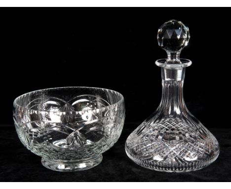 THOMAS WEBB CRYSTAL:  a ships decanter and stopper 26cm high, and a fruit bowl 20cm diameter, each with acid etched mark to b