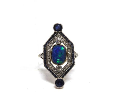 AN OPAL TRIPLET DIAMOND AND SAPPHIRE PANEL RING the oval cabochon with an old brilliant cut above and below, totalling approx