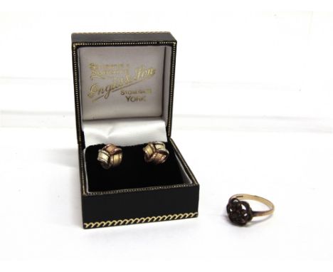 A PAIR OF 9 CARAT THREE COLOUR GOLD EARSTUDS  cased; with a 9 carat gold garnet cluster ring; 5.5g gross