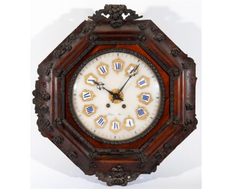 A FRENCH ROSEWOOD STRIKING WALL CLOCK  by Potonie of Paris with a circular alabaster face mounted with gilt and blue enamel r