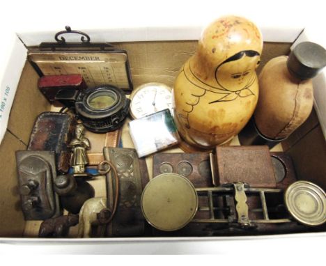 ASSORTED COLLECTABLES  comprising a set of Aeolian Pitchpipes by T. Walker, in a leather case; a set of postal scales; a glas