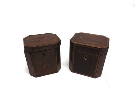 A MAHOGANY TEA CADDY  early 19th century with strung boxwood decoration and bone shaped escutcheon, together with a similar, 