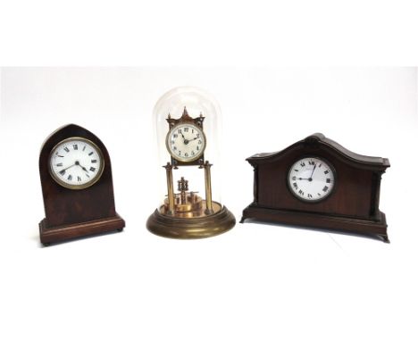 AN EDWARDIAN MAHOGANY MANTLE CLOCK  with white enamel face A/F, black Roman numerals, gilt brass bezal and French movement, 2