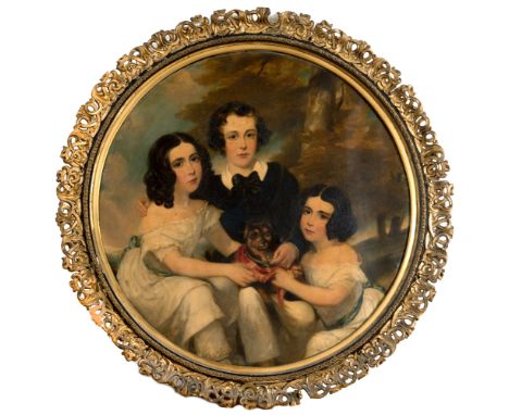 BRITISH SCHOOL (MID 19TH CENTURY)  Portrait of Three Children with their Dog,  oil on canvas, unsigned, 101cm x 101cm (circul