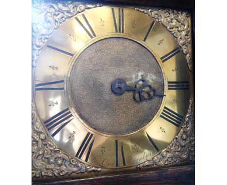 A 30-HOUR LONGCASE CLOCK  with single hour hand, the 10' brass dial with matted centre, chapter ring inscribed 'Tho Cox Thorn