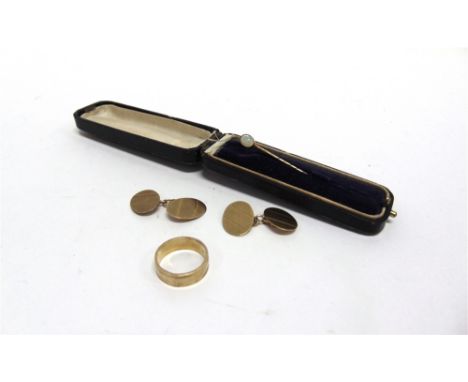 A PAIR OF 9 CARAT GOLD CUFFLINKS  a wedding ring stamped '9ct'; and an opal stickpin; cased; 9.1g gross