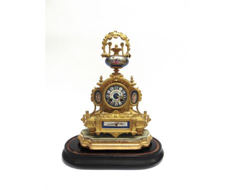 A CONTINENTAL PORCELAIN AND GILT METAL MANTLE CLOCK  the 8-day chiming movement stamped 'Japy Freres', the porcelain dial and