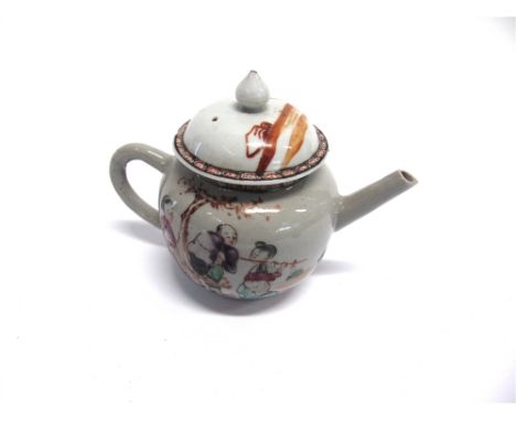 A CHINESE BULLET SHAPED TEAPOT AND COVER  decorated in coloured enamels front and back with a scene of a lady playing flute t