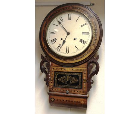 AN 8-DAY DROP DIAL WALL CLOCK  the 12' dial with Roman numerals, walnut case with parquetry inlaid decoration