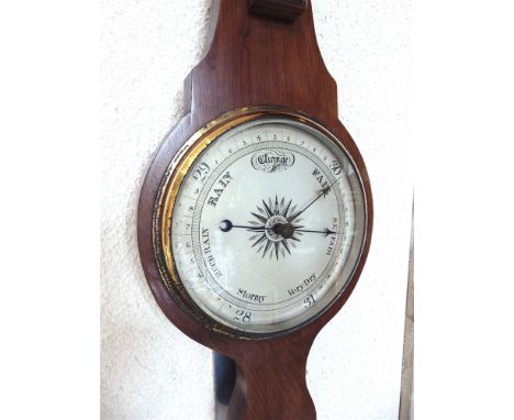 AN EDWARDIAN MAHOGANY BANJO BAROMETER/THERMOMETER  with 8' dial, 83cm high overall