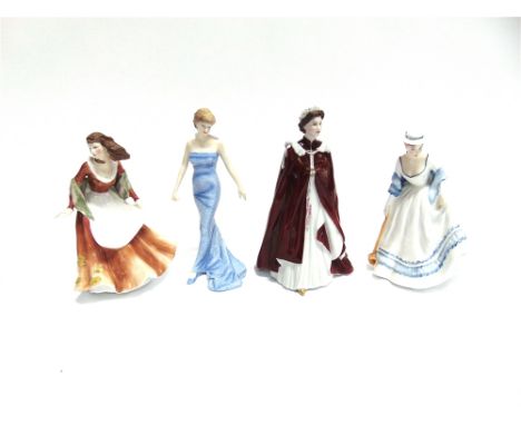 THREE ROYAL DOULTON FIGURES:  'Diana Princess of Wales', HN3137 'Summertime', HN3231 'Autumntime', and a Royal Worcester figu