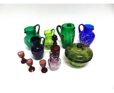 A GROUP OF ASSORTED VICTORIAN COLOURED GLASSWARE  the largest item a jug 16cm high
