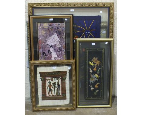 A modern wool work Peruvian tapestry, 96 x 69cm, two modern Oriental panels on silk, two modern Egyptian paintings on papyrus