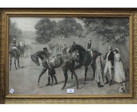 A framed black and white engraving, 'Jockey receiving final instructions before leaving the paddock', 42.5 x 66.5cm, after G 