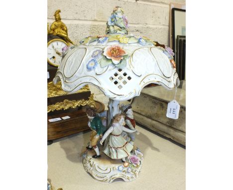 A 20th century Von Schievhulz German porcelain two-piece table lamp having four dancing children around a central column, on 