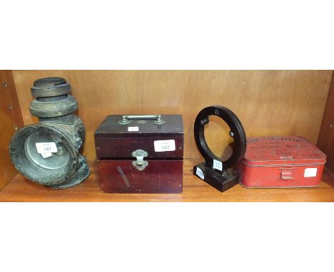 An acetylene lamp stamped 'GPO' on side, 22cm high, a British Ever Ready Specialitie mahogany-boxed shock therapy gadget, (in