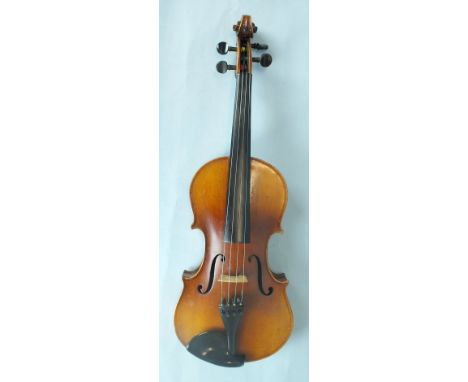 A two-piece violin, no label, back 36.5cm, cased and a Czechoslovakian Stradivarius copy two-piece violin, with bow, in later