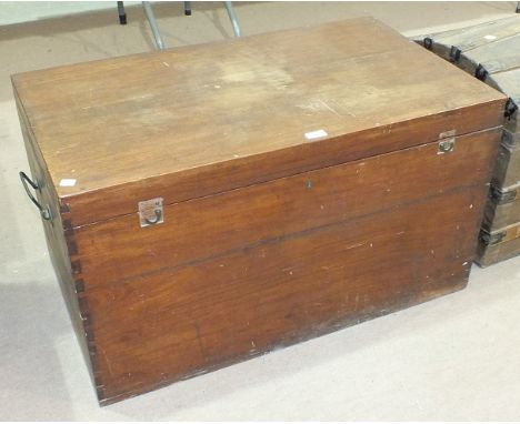 A teak blanket chest fitted with interior tray and carrying handles, 91cm wide, 51cm high and a wood-and-metal-bound hessian-