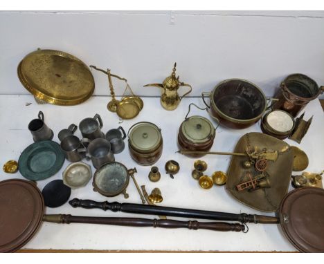 Metalware to include oak biscuit barrels, scales, warming pans and other items Location:If there is no condition report shown