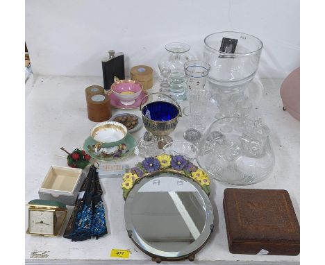 A mixed lot to include two Aynsley teacups and saucers, a Barbola mirror, a carved Oriental style wooden box, a silver plated