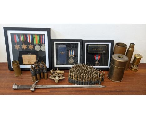 WWII militaria to include shell-cases, medals, bayonet, a Marine sextant and other itemsLocation:If there is no condition rep