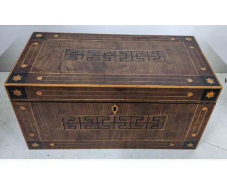 A Georgian mahogany parquetry inlaid tea caddy complete with fitted interior and with lion ring hands, 15cm h x 31cm wLocatio