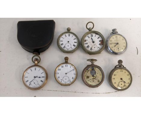 A group of seven early 20th century pocket watches to include a gold plated example in a leather in a leather case, an Ingers