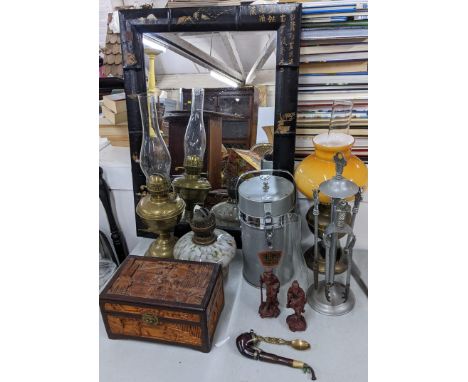 A mixed lot to include an Oriental mirror, Chinese carved chest, fireside implements, oil lamp and other itemsLocation:If the