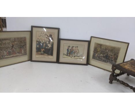 Four coloured engravings to include one example printed and sold by McDonald, titled 'The First Day of Term or The Devil Amon