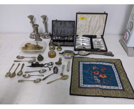 Mixed silver plate and other items to include a Chinese embroidery, steel wick trimmers, brass door knocker and other itemsLo