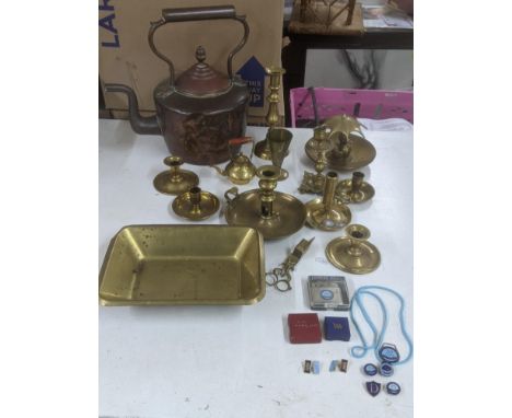 Mixed metalware to include silver Express Diary Group service badges coloured in two tone blue enamel together with similar i