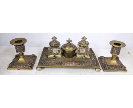 A Victorian brass inkwell together with a pair of matching candlesticksLocation:If there is no condition report shown, please