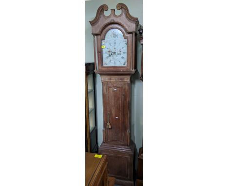 A Georgian light oak and walnut cased longcase clock, arched and painted face with floral and bird decoration, Roman numerals